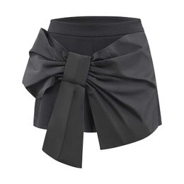 Spring Summer High Waist Bow Solid Wide Leg Shorts Casual All Match Slim Pants Black Skirt 210615