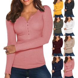 Women Spring T-Shirt Solid Colour Ribbed Neck Long Sleeve Slim-fitting Pullover for Girls Autumn
