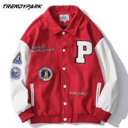 Men's Varsity Uniform Baseball Jacket PU Leather Sleeve Single Breasted Appliques Bomber Embroidery Patches Casual Coat 220108