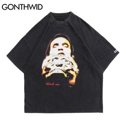 Tshirts Streetwear Skull Mask Print Ripped Distressed Oversized Tees Shirts Hip Hop Punk Rock Gothic Casual Cotton Tops 210602