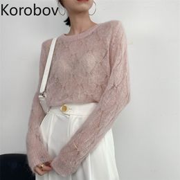 Korobov Korean Women Sweaters Vintage Hollow Out Long Sleeve Jumper Femme Autumn Elegant Thin Sueter Mujer 210430