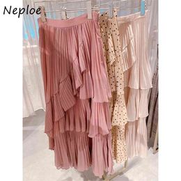 Neploe Japan Style Vintage Polka Dot Women Skirt Irregular Ruffles Femme Jupe High Waist Bodycon Mid-length Chiffon Skirts 210629