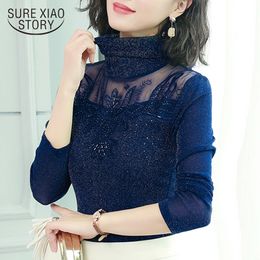 Autumn and Winter Clothes Plus Size Femal O-neck Lace Mesh Shirt Long Sleeve Blouses Turtleneck Women Tops 6621 50 210417