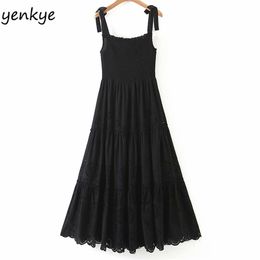 Sexy Hollow Out Vintage Black Party Dress Women Sleeveless Square Neck A-line Sling Summer Elegant Long 210514