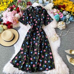 Floral Chiffon Dress High Waist Beach Style Robe Korean Retro Vestidos A-line Summer Dresses Women 16839 210415