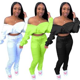 Echoine Autumn Winter Sexy Off Shoulder Crop Top and Ruched Pleated stacked pants Two Piece set Party Club Outfits tracksuit Y0625