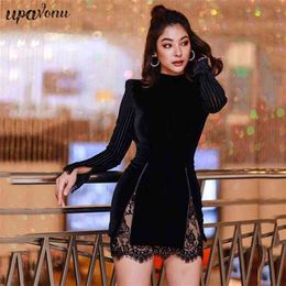 Free Sexy Lace Bandage Dress Long Sleeve Stand Collar Zipper Bodycon Halter Women Nightclub Party 210524