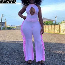 Pink Women Jumpsuit Romper Bodycon Playsuit Sleeveless Hollow Out Female Summer Sexy Backless Outfit Club 210520