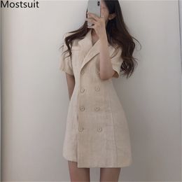 Summer Korean Cotton Linen Double-breasted Blazer Dress Women Short Sleeve Notched Collar Fashion Office Mini Vestidos 210513