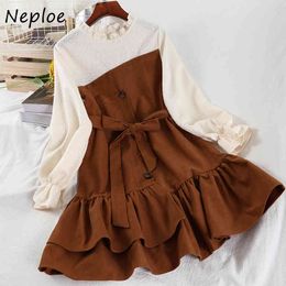 Neploe Elegant Wooden Ear Patchwork Irregular Dress Women O Neck Long Sleeve Pullover Vestidos High Waist Hip A Line Robe Spring 210423