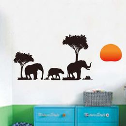 Elephant walks in the forest under the setting sun DIY wall sticker Removable Vinyl Decals For Living Room background Bedroom 210420