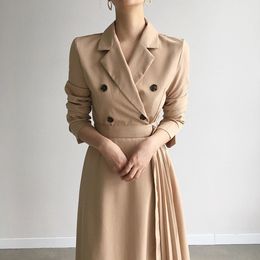 Minimalist Autumn Dress Elegant OL Work Wear Suit Collar Solid Long Sleeve Double Breasted Dresses Vestidos 210421