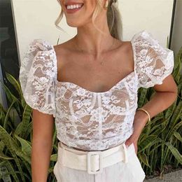 Vintage White Lace Blouse Shirt Women Summer Short Sleeve Crop Top Elegant Black Tops Blusas De Mujer 210427