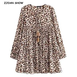 Spring Bohemia Lacing up V neck Animal Leopard Short Dress Khaki Ethnic Woman Long Sleeve Tassel Strappy Holiday Dresses Beach 210429