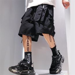 Summer Shorts Cargo Pants Men Joggers Black Stylish Pocket Ribbons Japanese Fashion Streetwear Hip Hop Male Casual 210713
