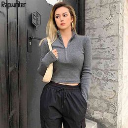 Rapwriter Casual Solid Middle Zipper Knitted Ribbed Turtleneck T-Shirt Girl Autumn Long Sleeve Hole Stretch Crop Tee Shirt 210406
