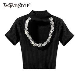 TWOTWINSTYLE Knitted Patchwork Diamond T Shirt For Women Turtleneck Short Sleeve Slim T Shirts Female Fashion Clothing 210517