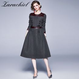 Autumn Winter Lady Woollen Stitching High Waist Lace-up Large Size Long Sleeves Women Office Dress 210416