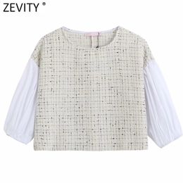 Women Vintage Lantern Sleeve Patchwork Casual Tweed Smock Blouse Female O Neck Hem Tassel Shirt Chic Blusas Tops LS9052 210420