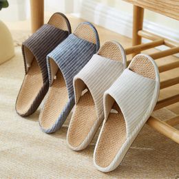 2021 Japanese Style Striped Hemp Couple Home Slippers Spring Summer Bedroom Women Indoor Shoes Lightweight Simple Slides Y0731