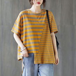 Women Summer Loose Casual T-shirts New Arrival Simple Style Vintage Striped Loose Comfortable Female Cotton Tops Tees S3752 210412