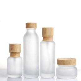 NewFrosted Glass Jar Lotion Cream Bottles Round Cosmetic Jars Hand Face Lotion Pump Bottle with wood grain cap Bottles Round Cosmeti EWD997