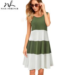 Nice-forever Summer Contrast Colour Patchwork Dresses Casual Loose Shift Women Dress btyA166 210419