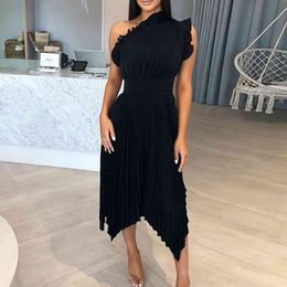 Winter One Shoulder Sleeveless Dress Sexy Black Ruffles Fashion Women Club Celebrity Evening Runway Party Dresses 210423