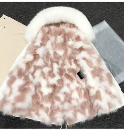 high quality Lavish raccoon furs trim women parka MMI brand white pink Multicolour fox fur lined Ivory canvas mini jacket