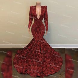 Chic Burgundy Mermaid Prom Dresses For Black Girls With Crochet Lace Sexy V Neck Long Sleeve Evening Dress 2021 3D Rose Flower Bottom Tight Formal Party Gown