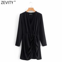 Women Vintage V Neck Black Pleated Mini Dress Lady Long Sleeve Side Zipper Casual Slim Short Business Vestido DS4767 210420