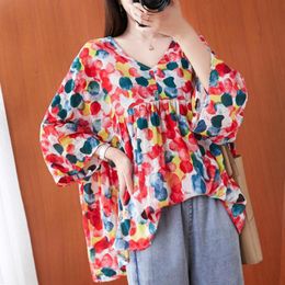 Johnature Autumn Korean Loose Leisure Three Quarter Sleeve All-match Shirt Fashion Print V-neck Irregular Women Tops 210521