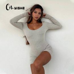 CNYISHE Fashion Long Sleeve Fitness Playsuits Women Rompers Summer Knitted Casual Skinny Jumpsuit Female One Piece Sexy Overalls 210419