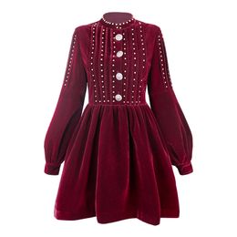 Black Wine Red Velvet Rivet Button Stand Collar Puff Sleeve Long Short Mini Dress Elegant Winter Autum D0890 210514