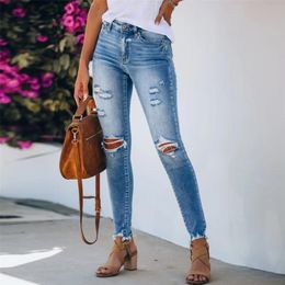Women Stretch Ripped Distressed Skinny High Waist Denim Pants Shredded Jeans Trousers Slim Jegging Laides Spring Autumn Wear#f35 210809