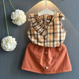 Humour Bear Girls Clothing Set New Summer Sleeveless Vest T-shirt+Plaid Skirt 2pcs Kids Casual Clothes X0902