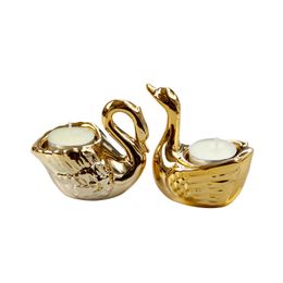 Gold Plated Swan Candle Holder Tealight Stand 3.5" Tall Ceramic Bird Figure Duck Goose Statue for Wedding Christmas Party Home Decoration