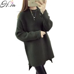 H.SA Spring Autumn Women Pullovers and Oneck Loose Style Oversized Knitted Jumpers Irregular Pink Pull Sweaters 210417