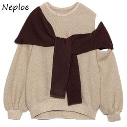 Neploe Japan Style Autumn Fashion Sweet Sweaters Sexy Shoulder Strapless Knitted Tops Puff Sleeve Fake Two Piece Pullover 210423