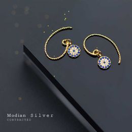 Blue Crystal Round Eyes Dangle Earrings for Women 925 Sterling Silver Gold Colour Fashion Party Jewellery Gifts 210707