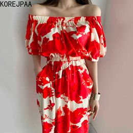 Korejpaa Women Dress Korean chic fashion casual vacation one-word collared back tied with a bow tied waist print dresses 210526