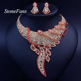 StoneFans Crystal Red Drop Choker Statement Necklaces & Pendants Gorgeous Rhinestone Colourful Trendy Necklace Earring Women 2019 H1022