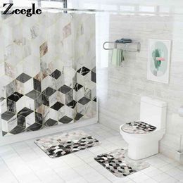 Marble Pattern Bath Mat Bathroom Carpet Rug Waterproof Shower Curtain Set Absorbent U-Shaped Toilet Rug and Anti-slip Foot Rug 210401