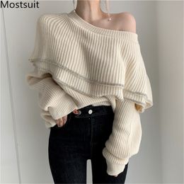 Korean Ruffles Sexy Women Sweaters Pullovers Winter Long Sleeve O-neck Tops Elegant Sweet Fashion Ladies Femme 210513