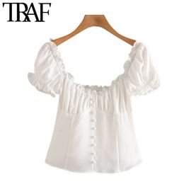 TRAF Women Sweet Fashion Ruffled Cropped Blouses Vintage Puff Sleeve Side Zipper Female Shirts Blusas Chic Tops 210415
