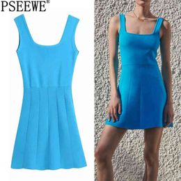 Blue Knitted Dress Woman Slip Mini Summer Women Square Neck Strap Ruched Short Casual Women's es 210519