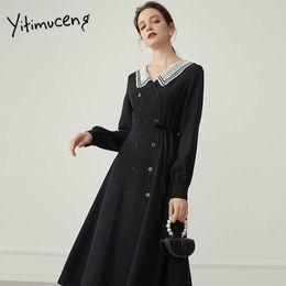 Yitimuceng Black Dress for Women Vintage A-Line Lace Floral Full Turn-Down Collar Chiffon Mid-Calf Empire Long Sleeve 210601