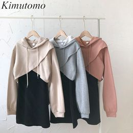 Kimutomo 2 Piece Set Women Fashion Irregular Crossing Hoodies Korea Chic Solid Elegant Sling Black Mini Dress Spring 210521