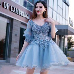 noble yarn UK - Blue Yarn Hollow Sexy V-neck Fluffy Party-dress Short Evening Dress Banquet Formal Elegant Noble Daily Wear Long-sleeves Ethnic Clothing