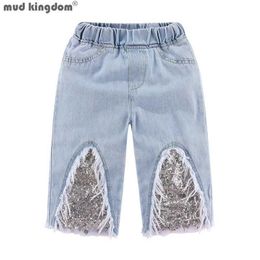 Mudkingdom Sparkly Sequin Girls Crop Jeans Fashion Wide Leg for Girl Summer Clothes Elastic Waist Toddler Cropped Denim Pants 210615